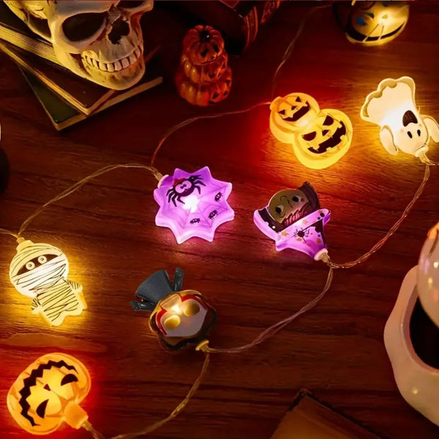 1PC Halloween 10/20 LED Battery Powered String Lights With Ghost Witch Cat Pumpkin Spider Web Skeleton Mummy Pirate Shape Indoor