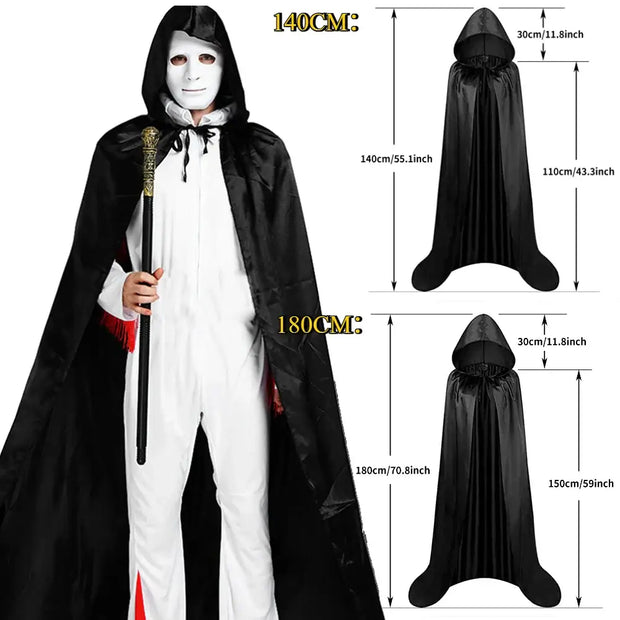 Halloween Cloak Soft Unisex Hooded Black Robe Witch Long Cape Cosplay Costume Prop Party Performance Supplies Holiday Decoration