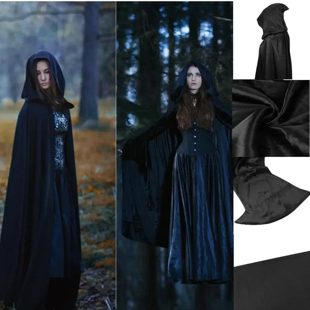 Halloween Cloak Soft Unisex Hooded Black Robe Witch Long Cape Cosplay Costume Prop Party Performance Supplies Holiday Decoration