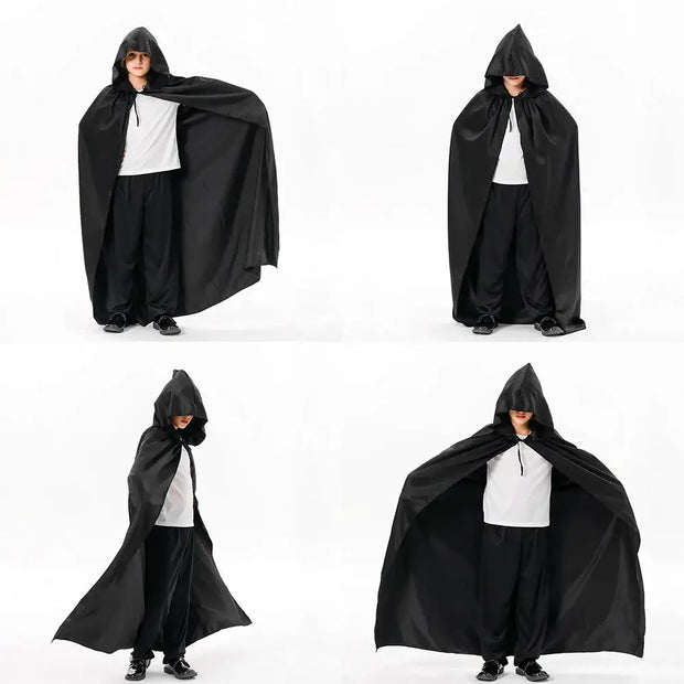 Halloween Cloak Soft Unisex Hooded Black Robe Witch Long Cape Cosplay Costume Prop Party Performance Supplies Holiday Decoration