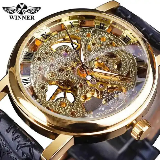 Mechanical Watches Royal Carving Skeleton Brown Leather Transparent Skeleton Design Automatic Watch