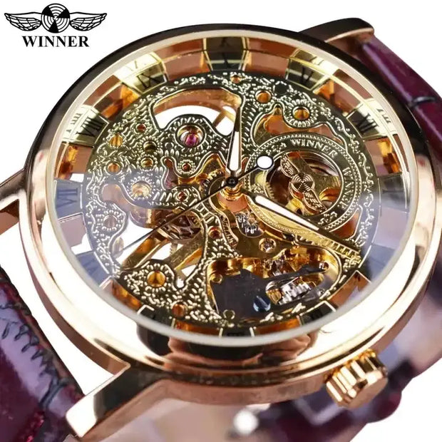 Mechanical Watches Royal Carving Skeleton Brown Leather Transparent Skeleton Design Automatic Watch