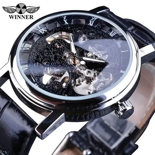 Mechanical Watches Royal Carving Skeleton Brown Leather Transparent Skeleton Design Automatic Watch