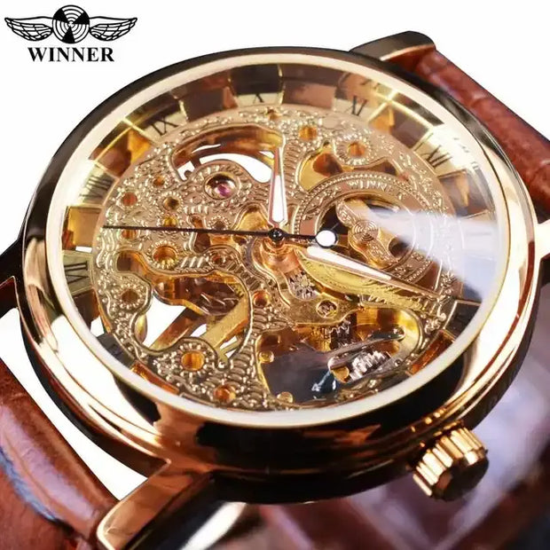 Mechanical Watches Royal Carving Skeleton Brown Leather Transparent Skeleton Design Automatic Watch