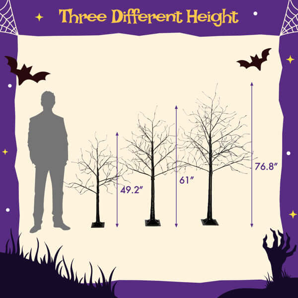 Three different height Halloween ghost trees with lights displayed alongside a silhouette for comparison.