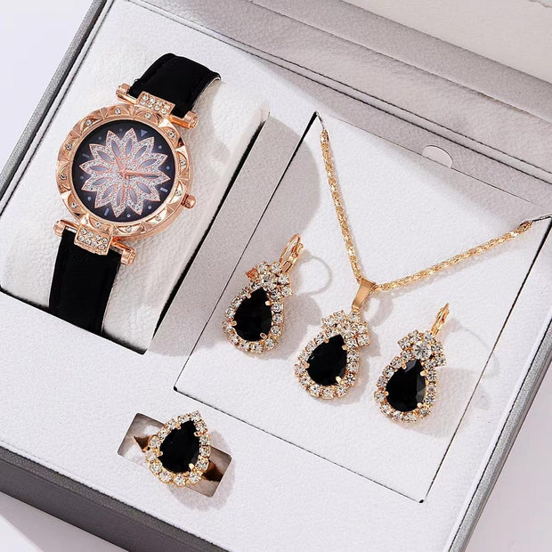 Luxury Women's Four-Piece Suit Easy Match Fashion Watch Hot Selling Cross-Border Rhinestone Frosted Belt Popular Dial Gift Box