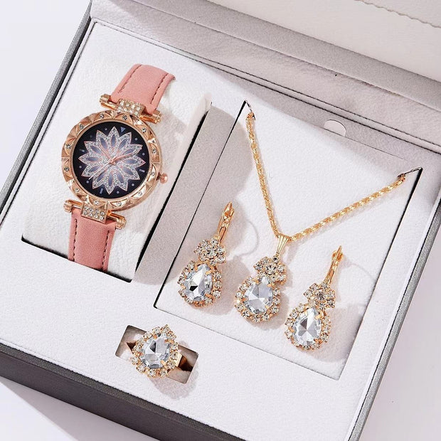 Luxury Women's Four-Piece Suit Easy Match Fashion Watch Hot Selling Cross-Border Rhinestone Frosted Belt Popular Dial Gift Box